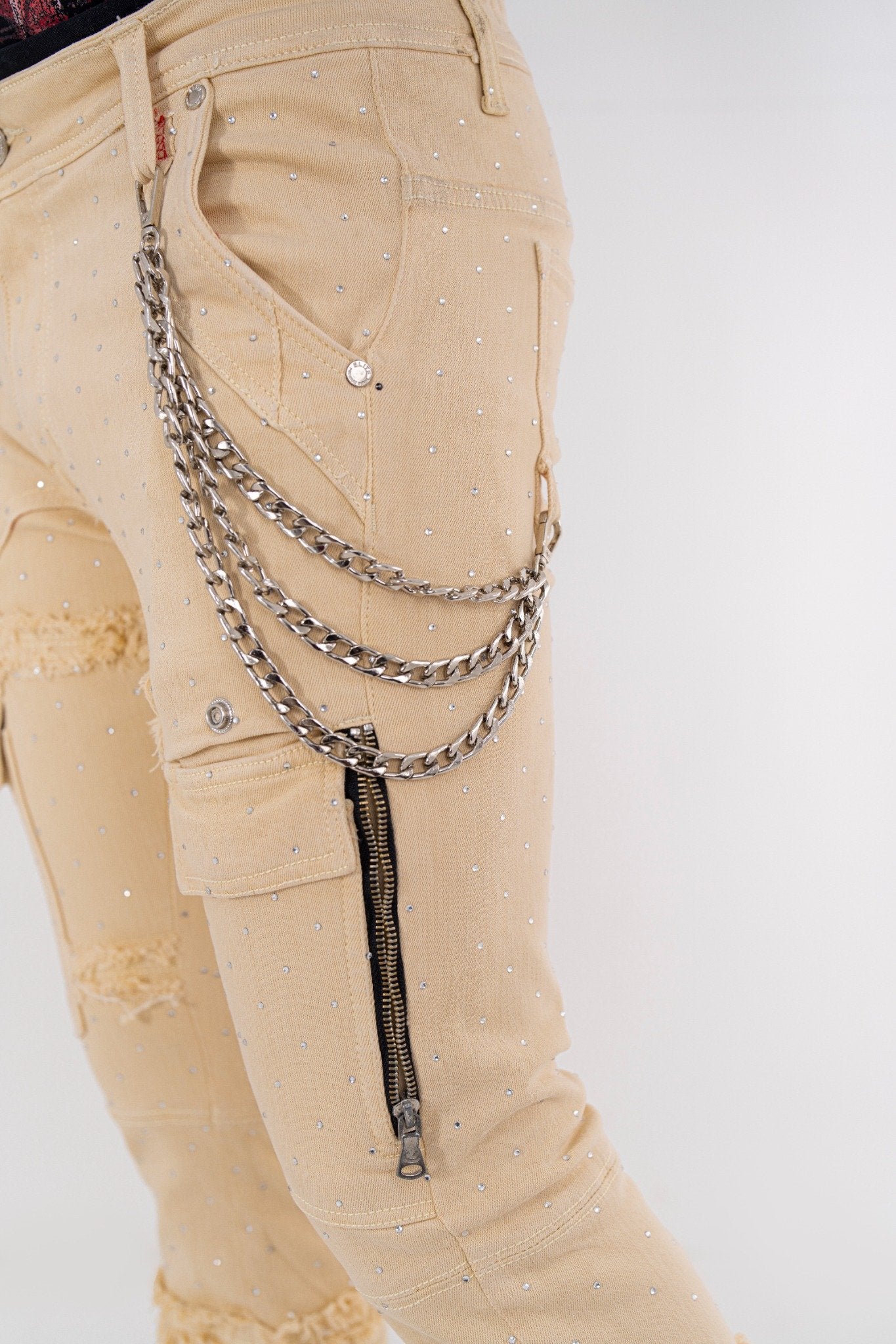 Full Stone Cream Premium Mens Stacked Jeans + Wallet Chain