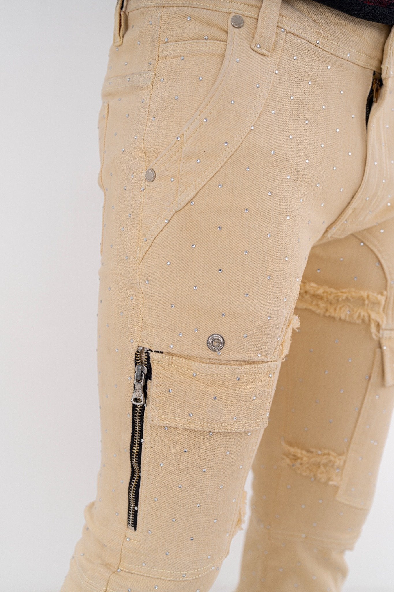 Full Stone Cream Premium Mens Stacked Jeans + Wallet Chain