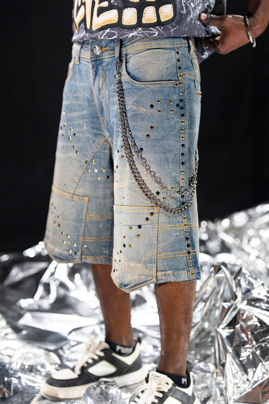 Movie Star Embellished Blue Vintage Mens Denim Shorts + Chain