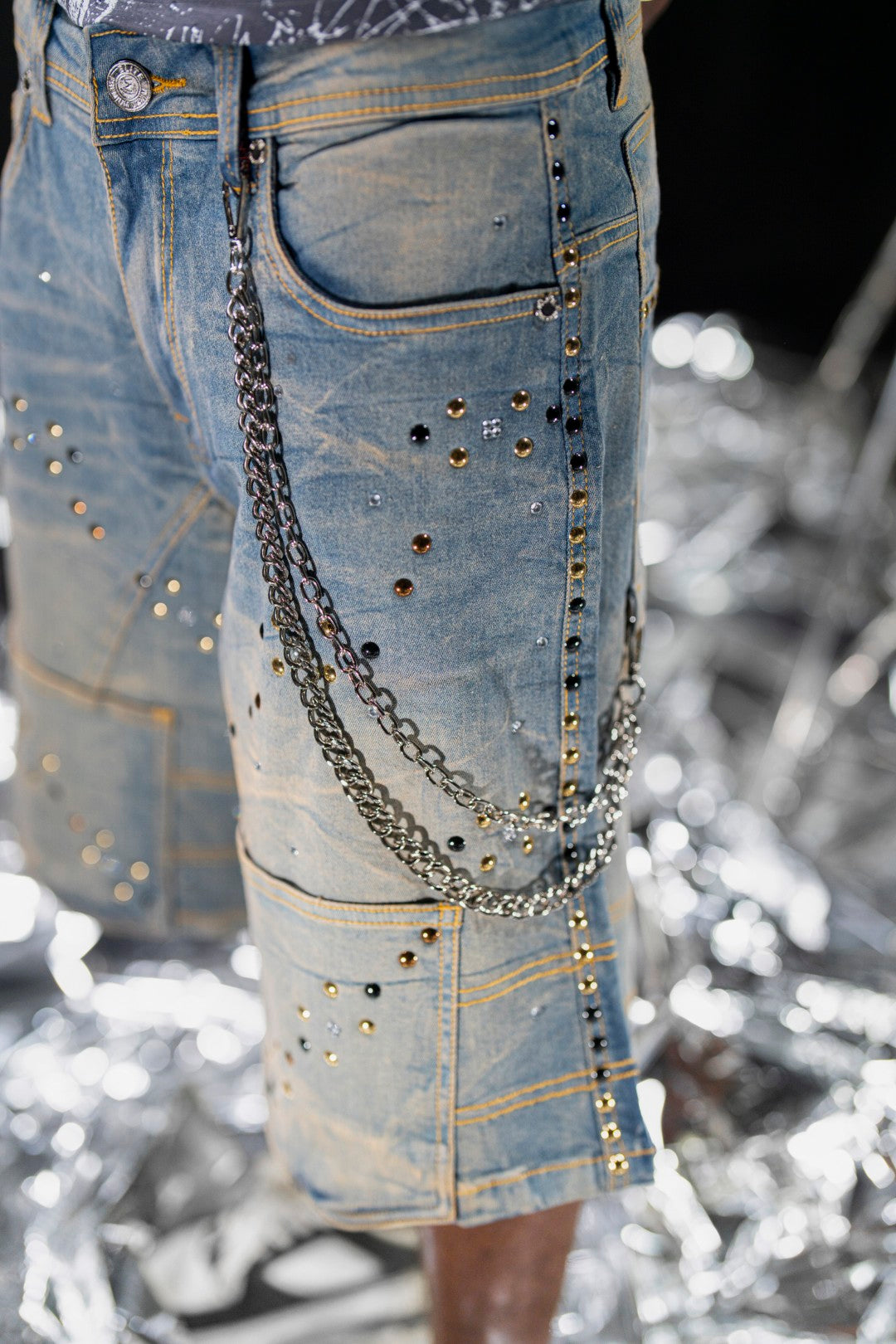 Movie Star Embellished Blue Vintage Mens Denim Shorts + Chain