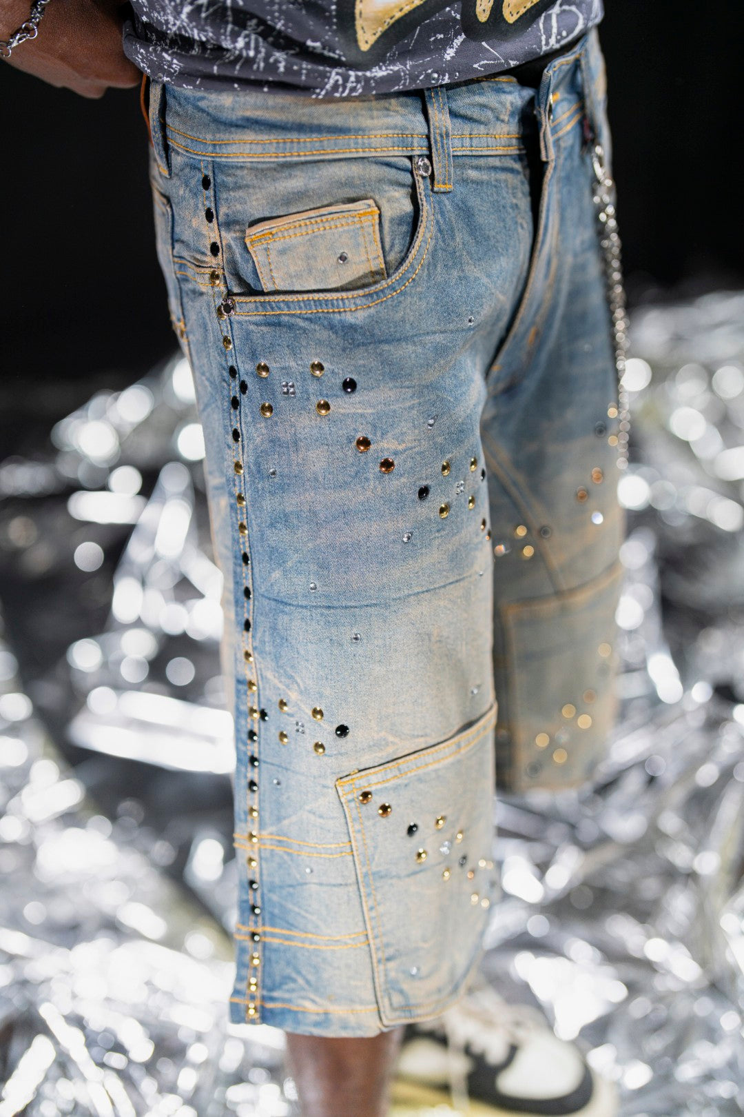 Movie Star Embellished Blue Vintage Mens Denim Shorts + Chain