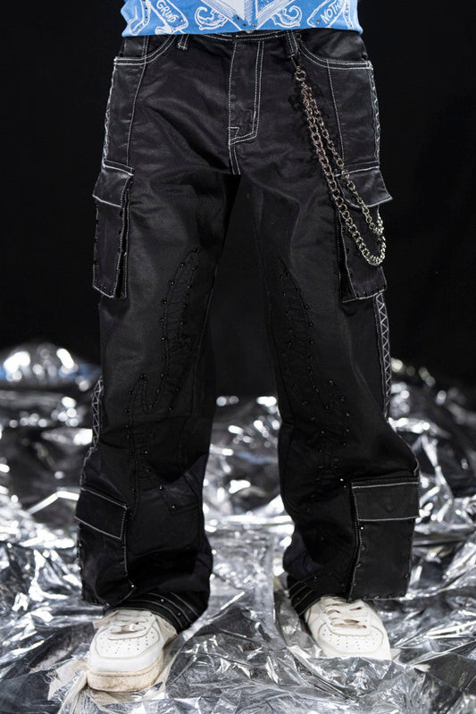 Stars Black Mens Cargo Jeans + Chain