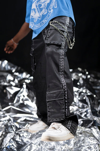 Stars Black Mens Cargo Jeans + Chain