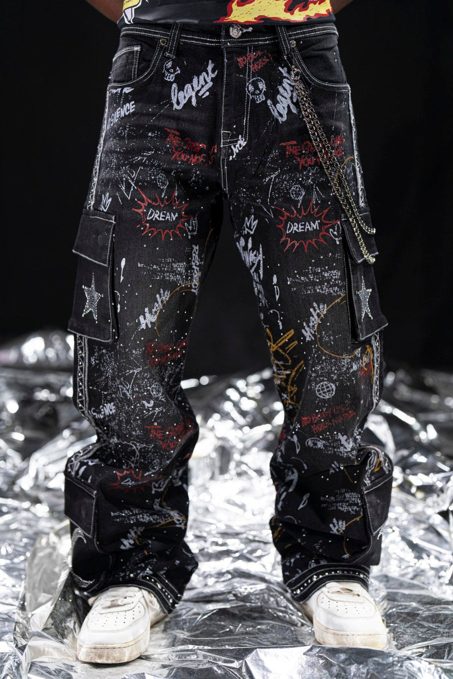 Graffiti Black Wax Mens Cargo Jeans + Chain
