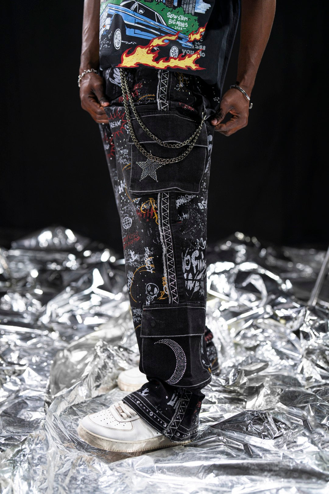 Graffiti Black Wax Mens Cargo Jeans + Chain