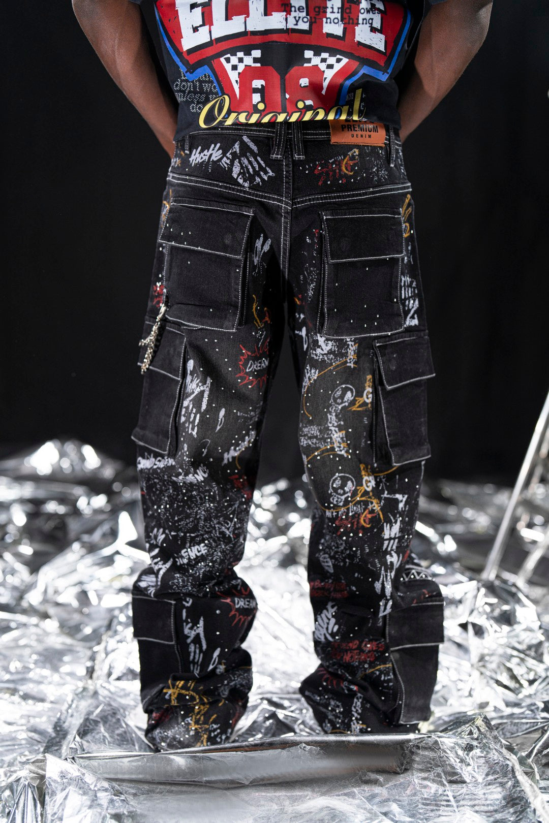 Graffiti Black Wax Mens Cargo Jeans + Chain