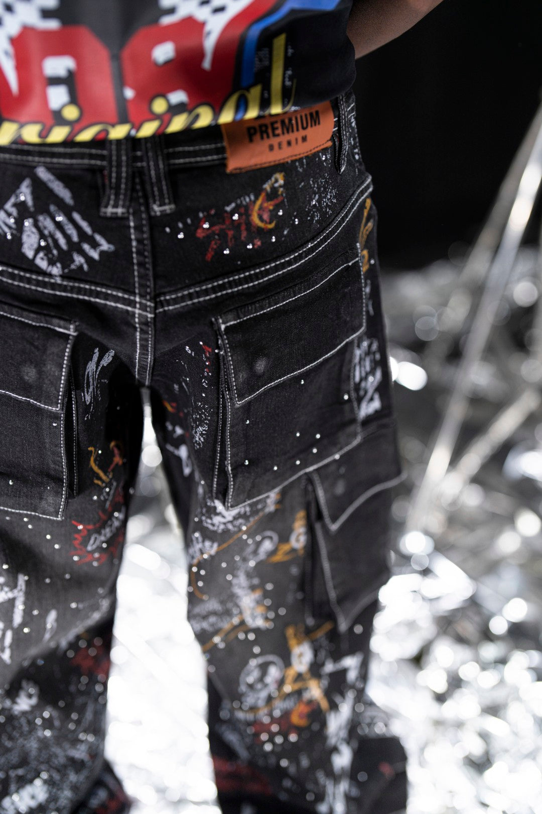 Graffiti Black Wax Mens Cargo Jeans + Chain