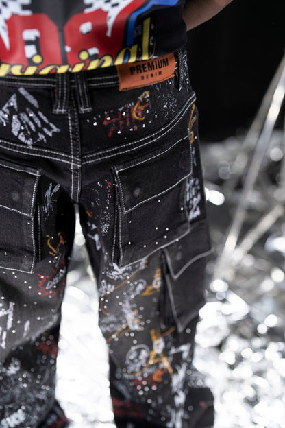 Graffiti Black Wax Mens Cargo Jeans + Chain
