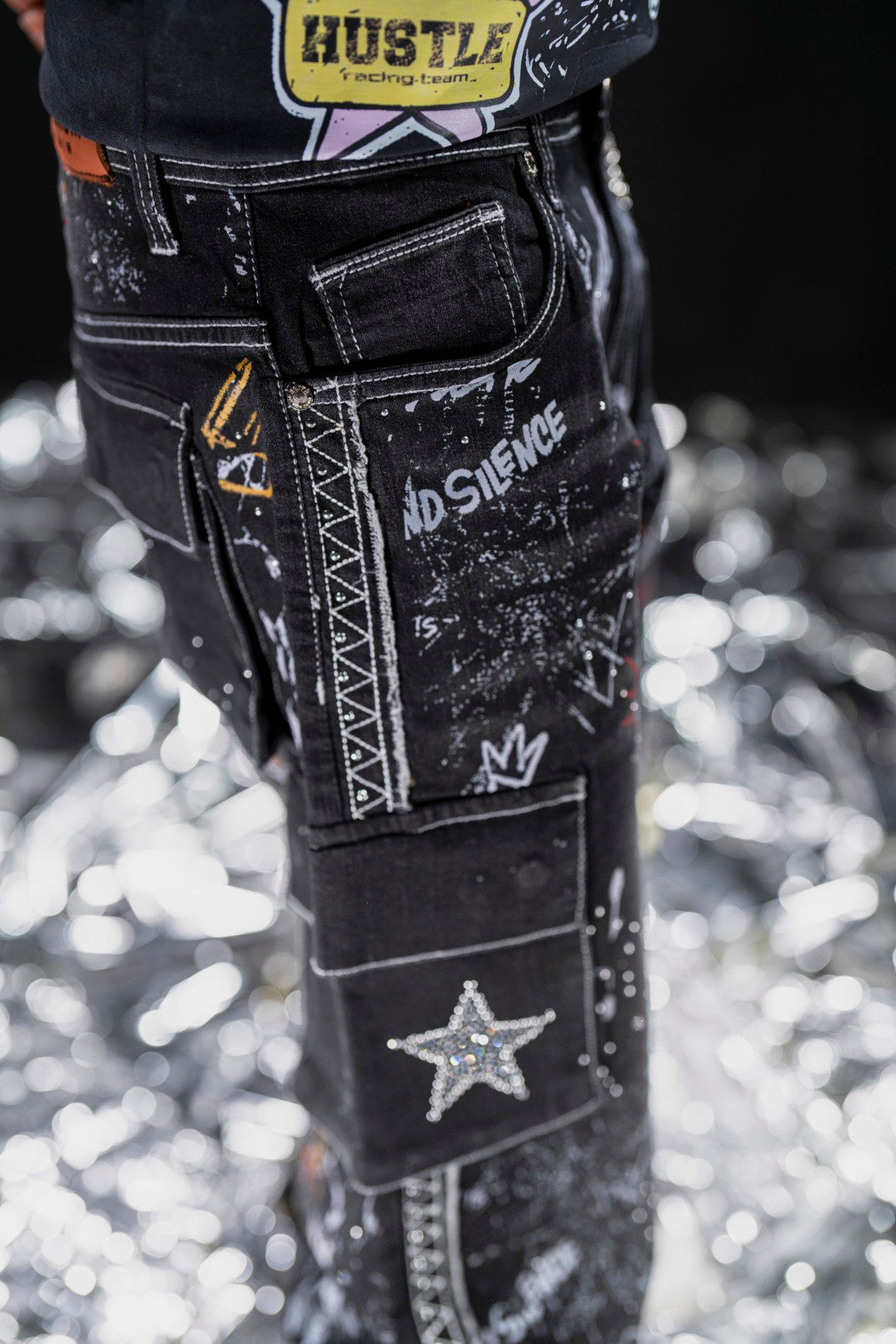 Graffiti Black Wax Mens Cargo Jeans + Chain