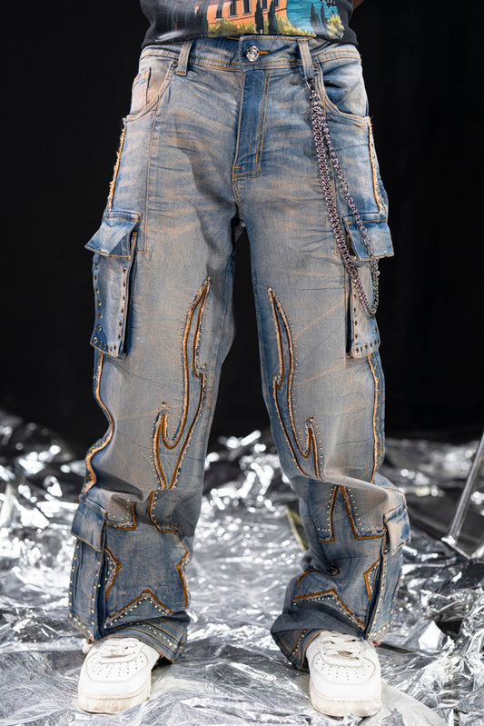 Vintage Stars Mens Cargo Jeans + Chain