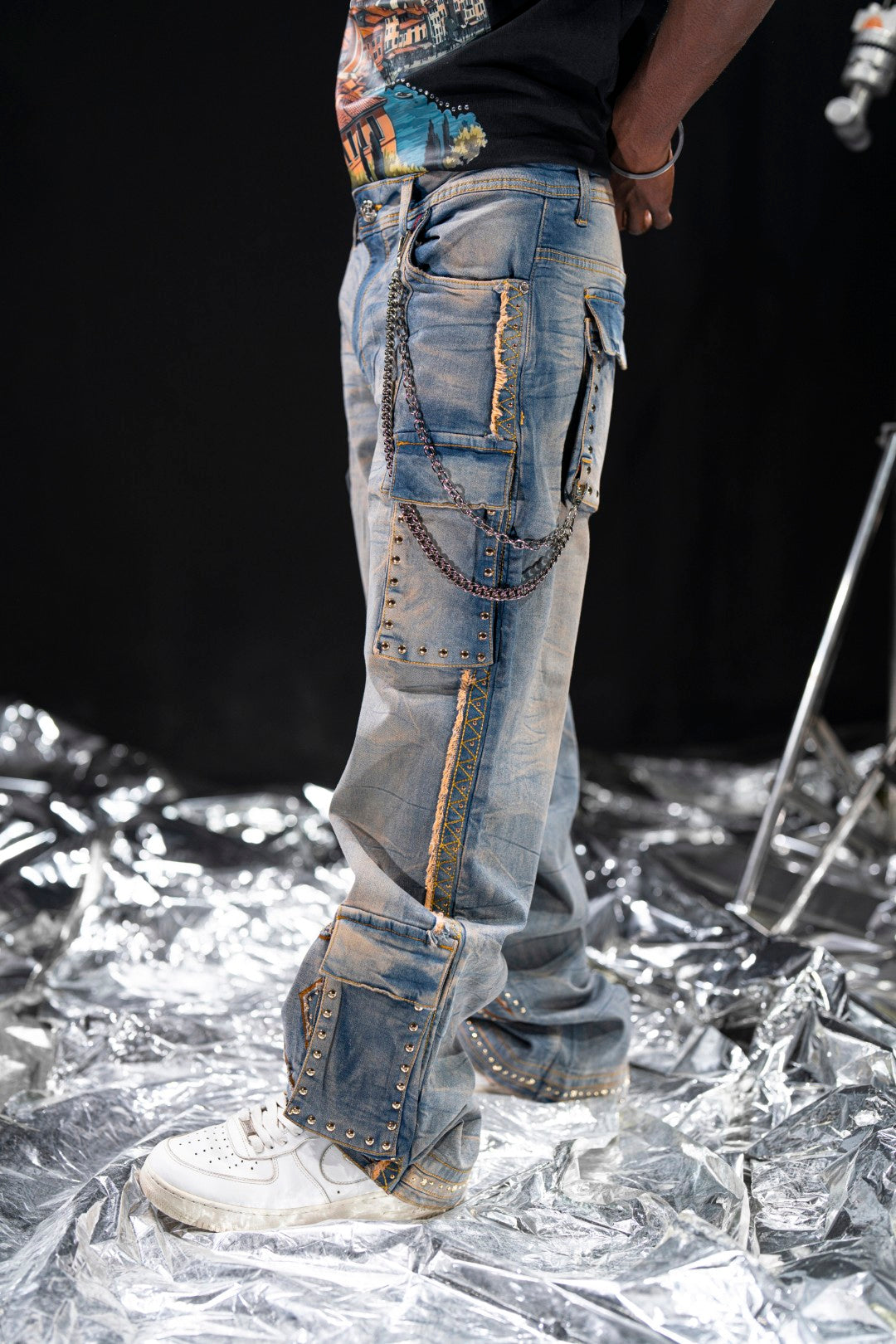 Vintage Stars Mens Cargo Jeans + Chain