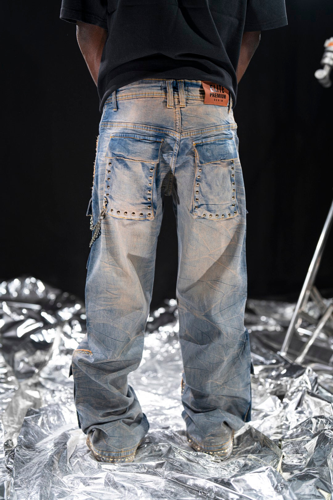 Vintage Stars Mens Cargo Jeans + Chain