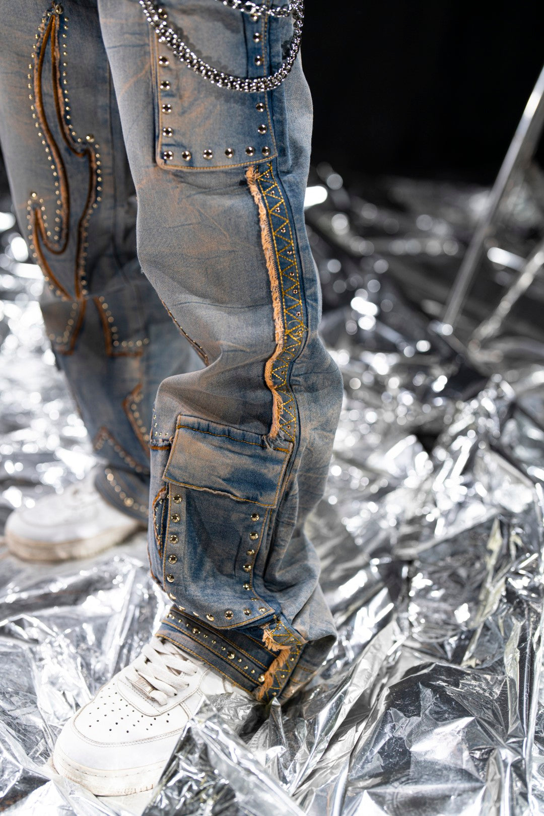 Vintage Stars Mens Cargo Jeans + Chain