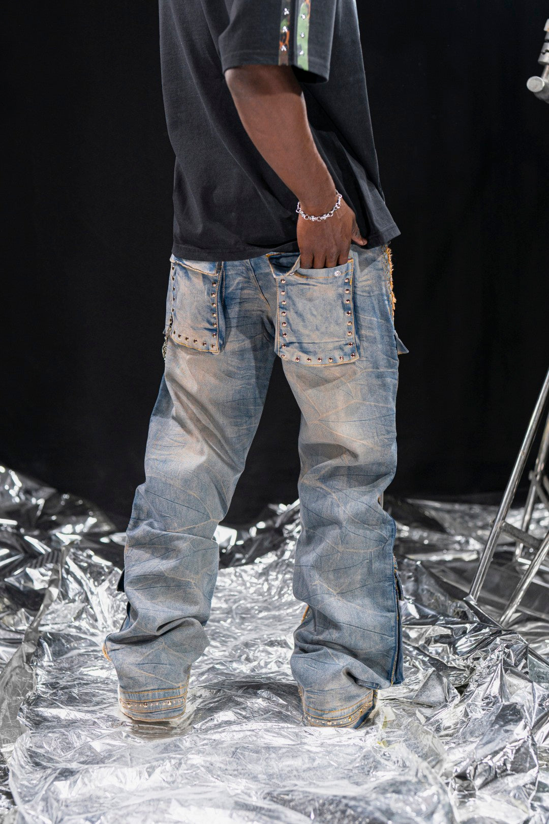 Vintage Stars Mens Cargo Jeans + Chain