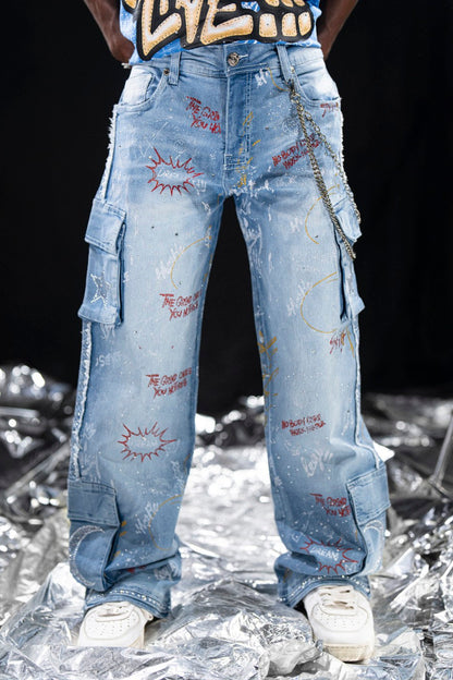 Graffiti Blue Mens Cargo Jeans + Chain