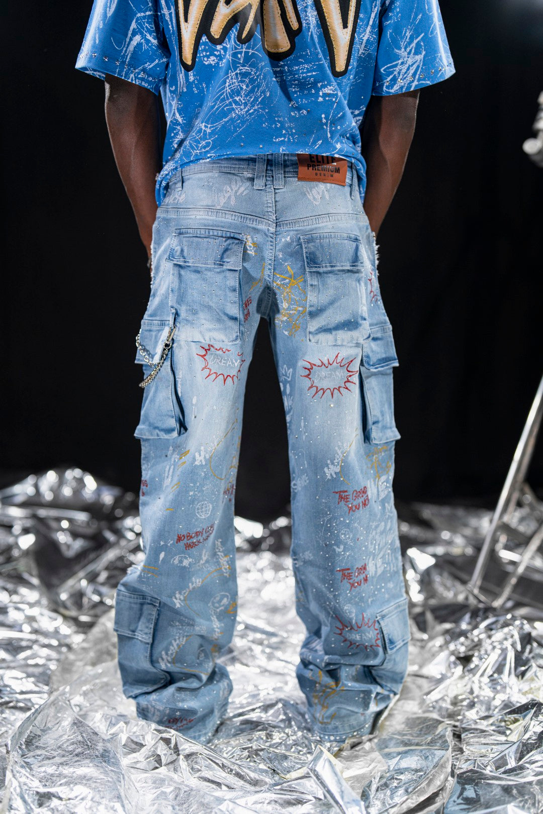 Graffiti Blue Mens Cargo Jeans + Chain