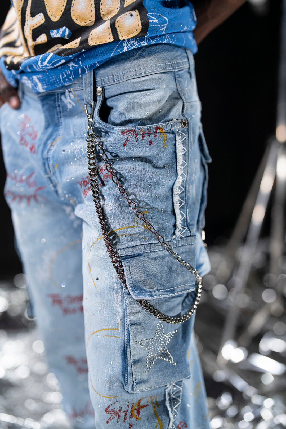Graffiti Blue Mens Cargo Jeans + Chain