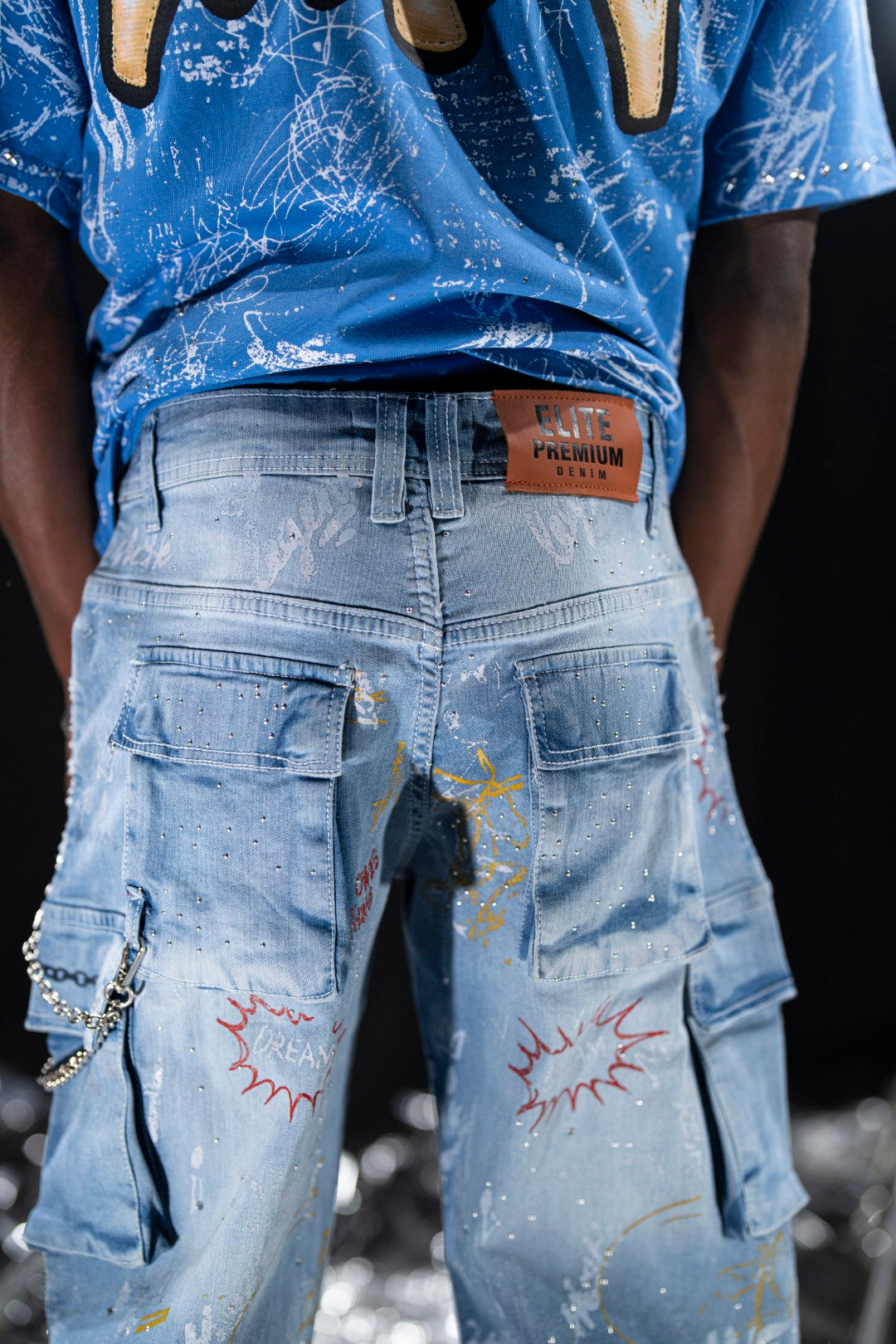 Graffiti Blue Mens Cargo Jeans + Chain
