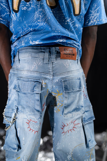 Graffiti Blue Mens Cargo Jeans + Chain