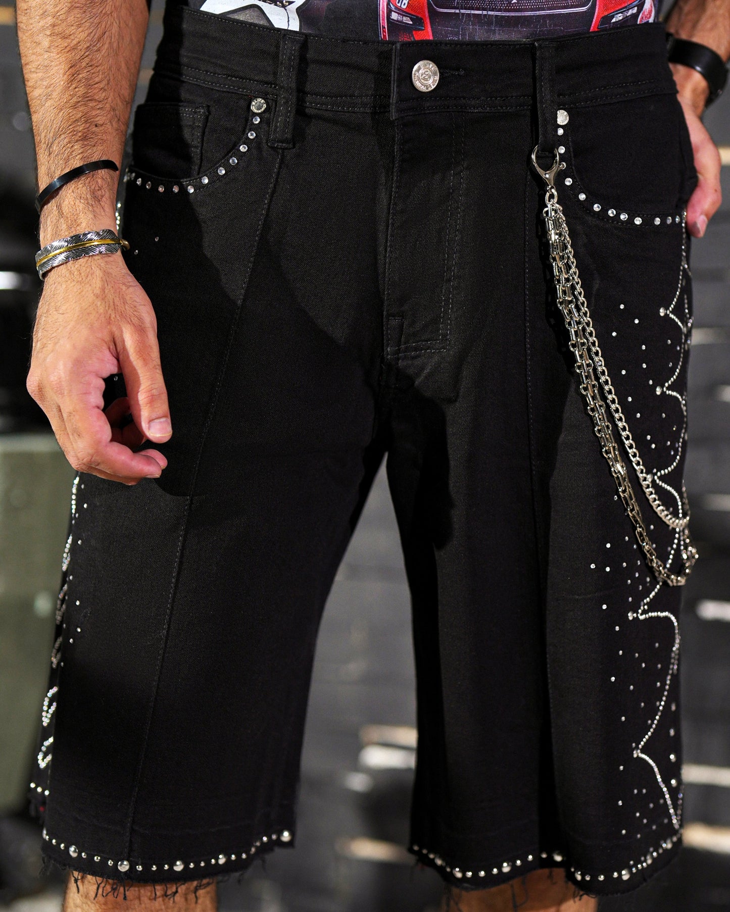 Moon Phase Jet Black Embellished Mens Denim Shorts + Chain