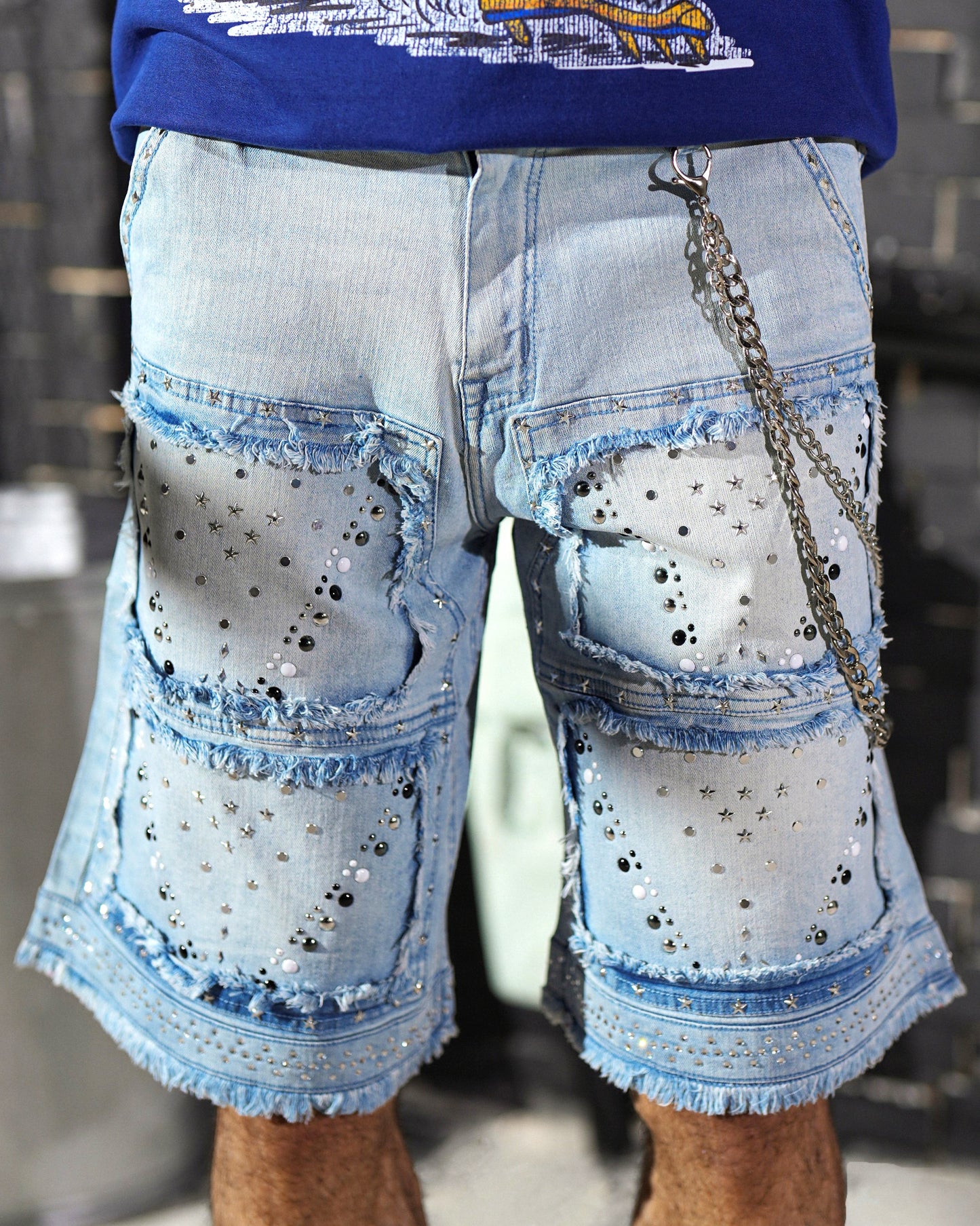 Flint Ice Wash Embellished Mens Denim Shorts + Chain