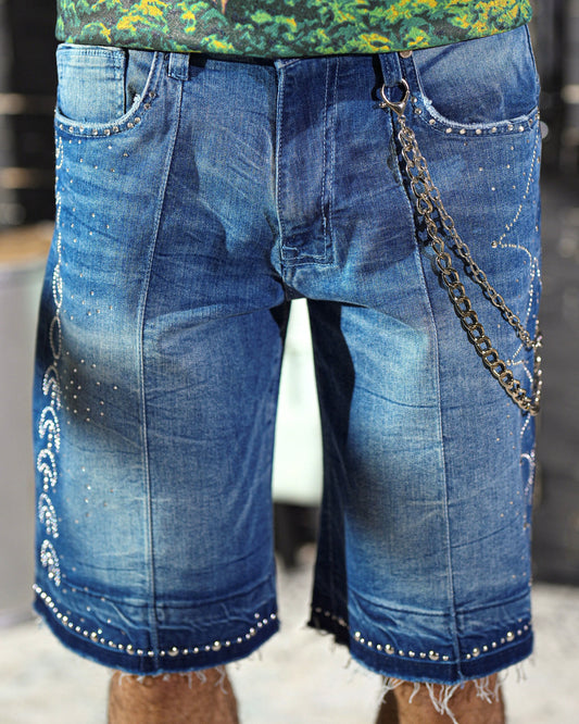 Moon Phase Medium Wash Embellished Mens Denim Shorts + Chain