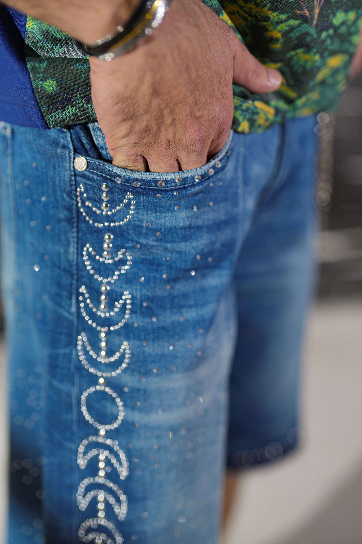 Moon Phase Medium Wash Embellished Mens Denim Shorts + Chain