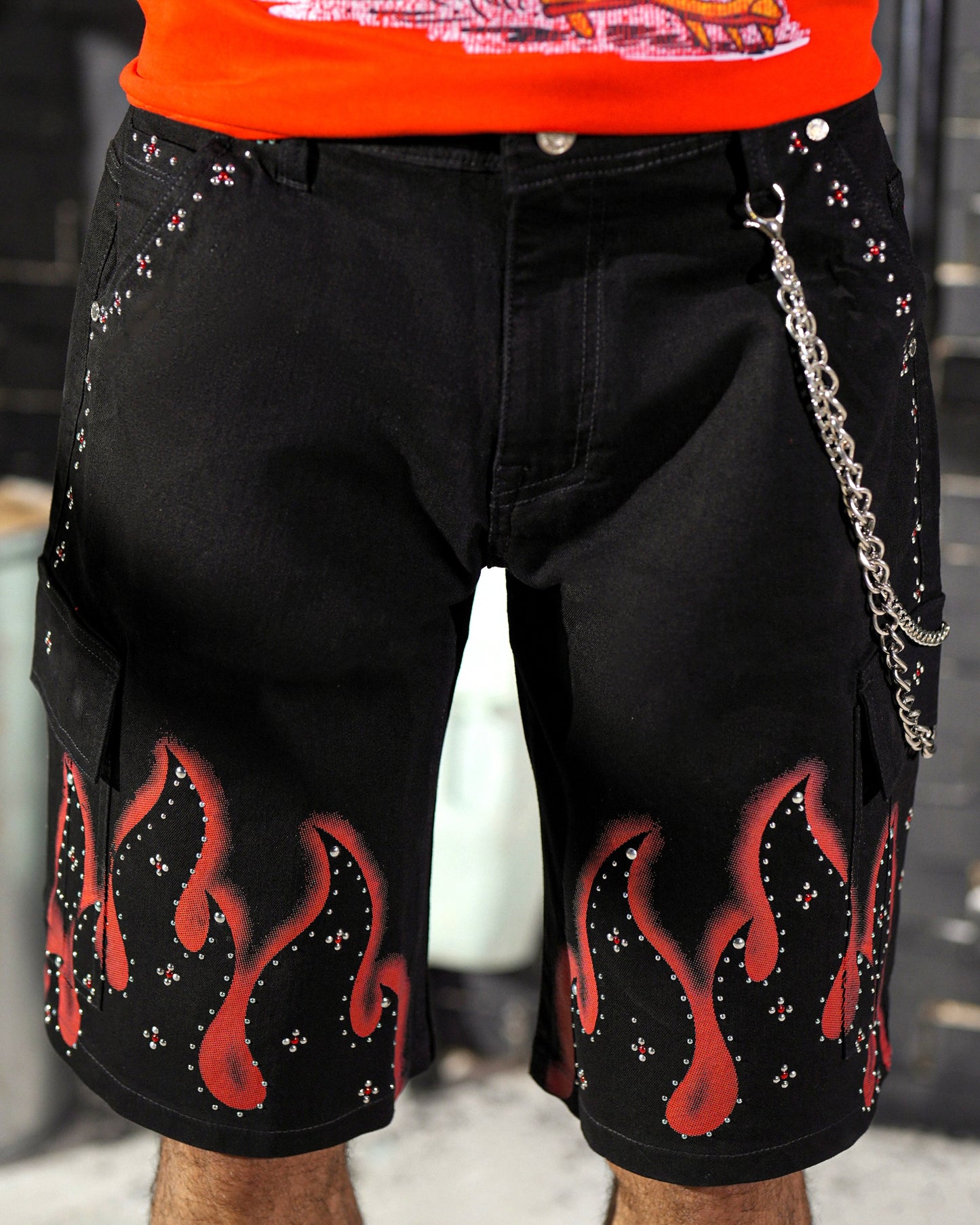 Winners Jet Black Embellished Mens Denim Shorts + Chain