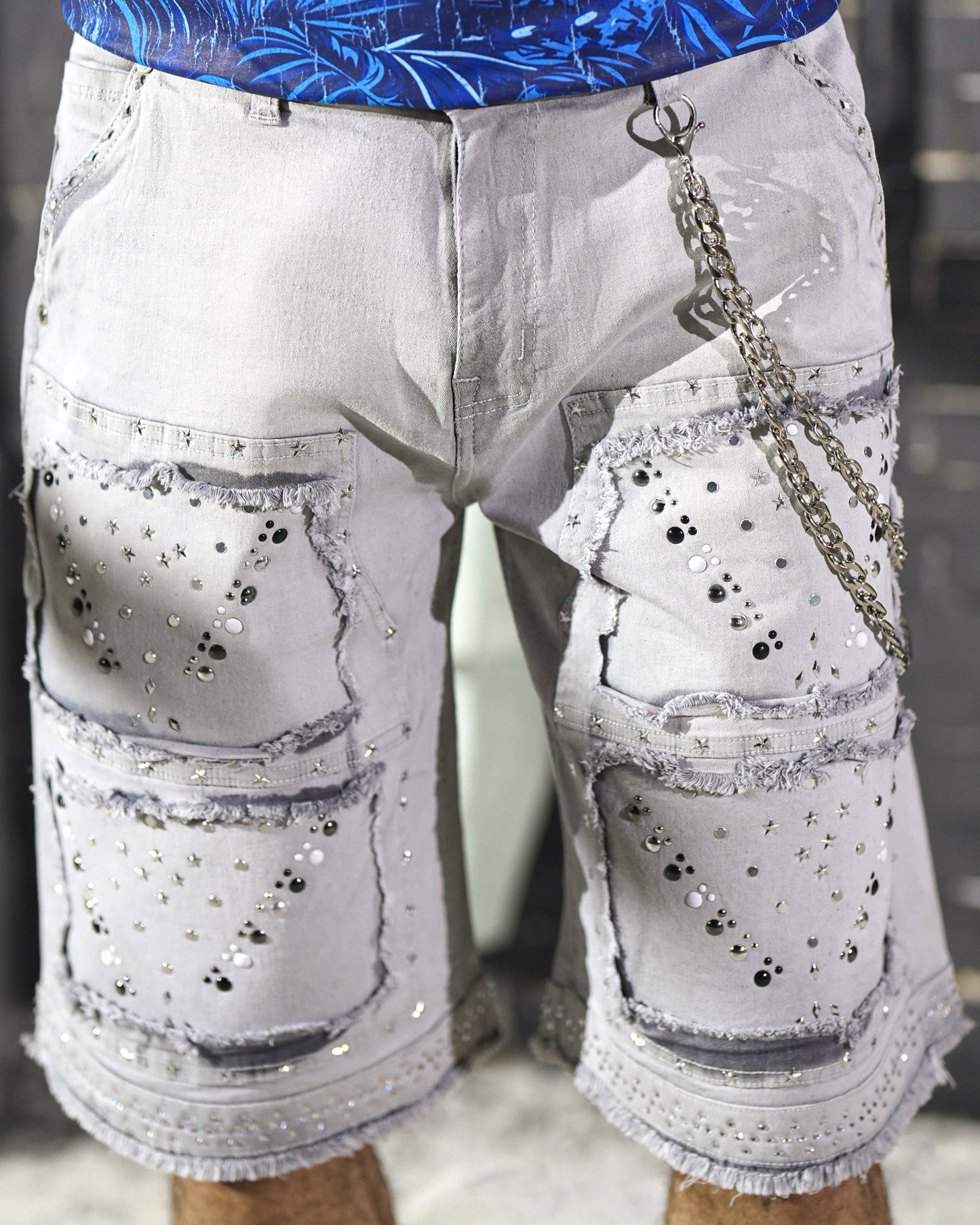 Flint Grey Embellished Mens Denim Shorts + Chain