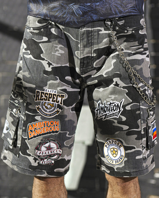 Patch Work Night Camo Embellished Mens Denim Shorts + Chain