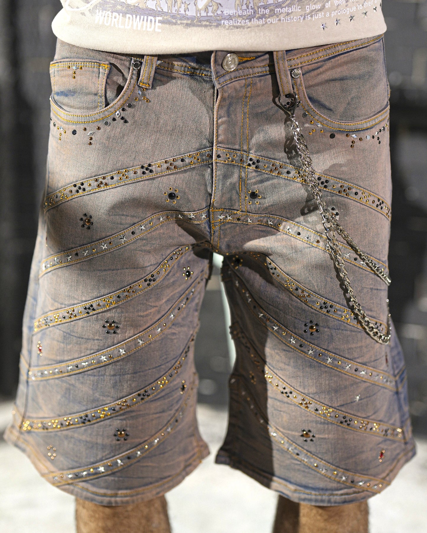 Pyramids Vintage Embellished Mens Denim Shorts + Chain