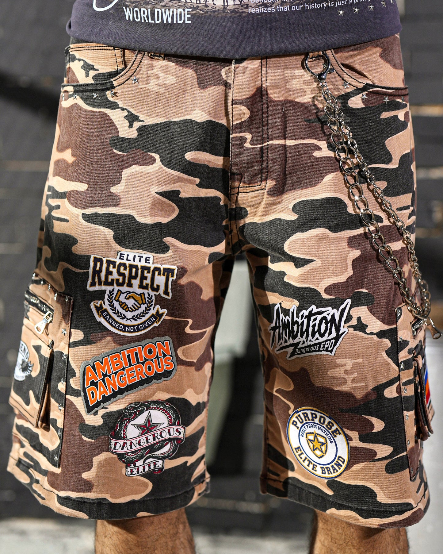 Patch Work Brown Camo Embellished Mens Denim Shorts + Chain