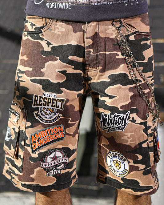 Patch Work Brown Camo Embellished Mens Denim Shorts + Chain