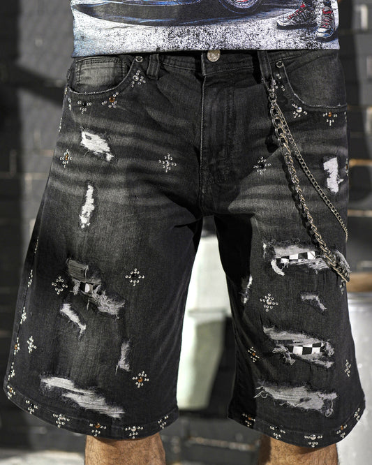 Faded Black Wash Embellished Mens Denim Shorts + Chain