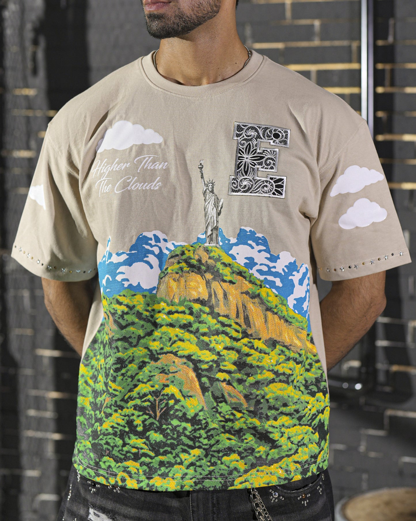 Clouds Premium Embellished Mens Tee Cream