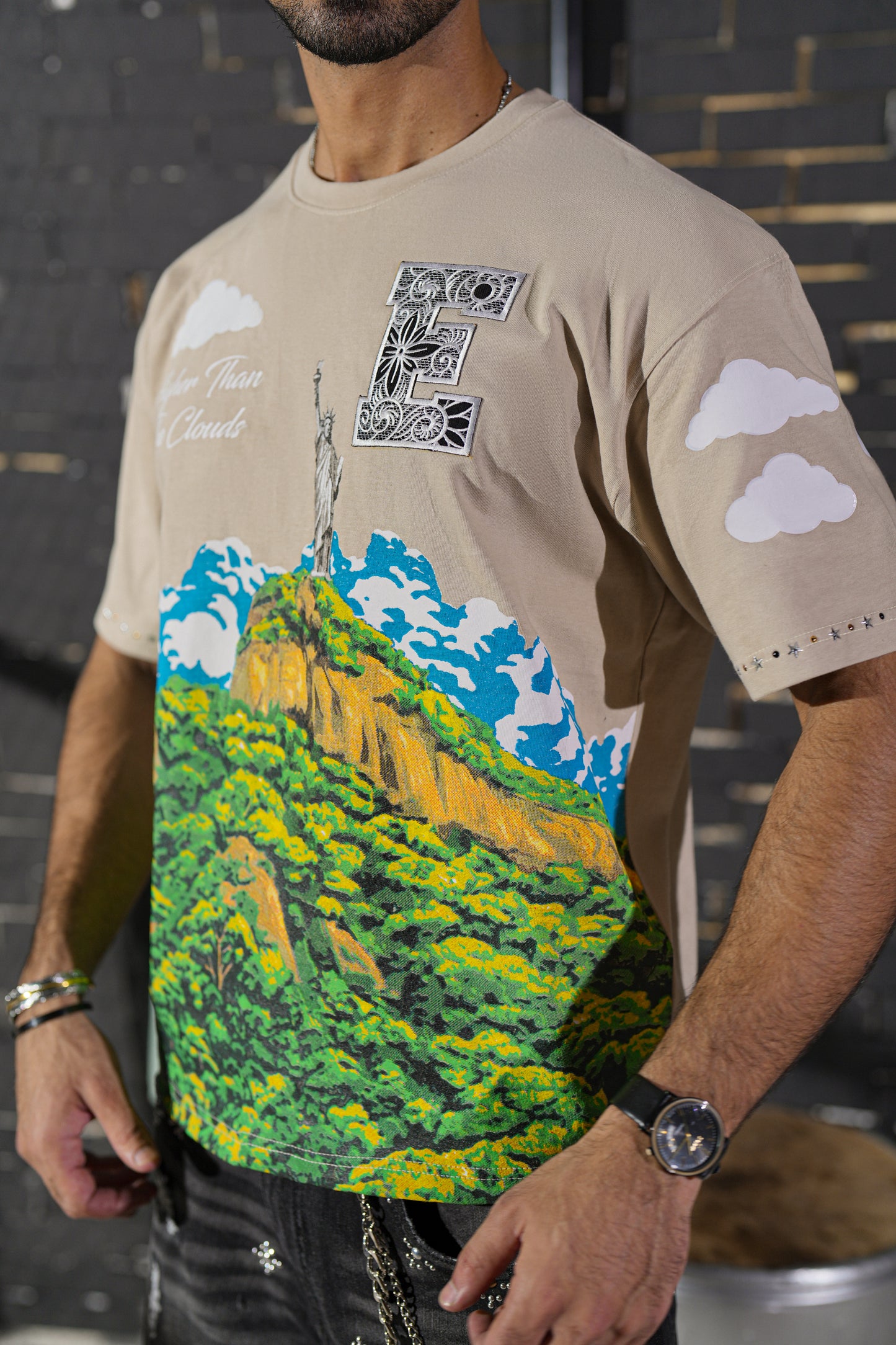 Clouds Premium Embellished Mens Tee Cream