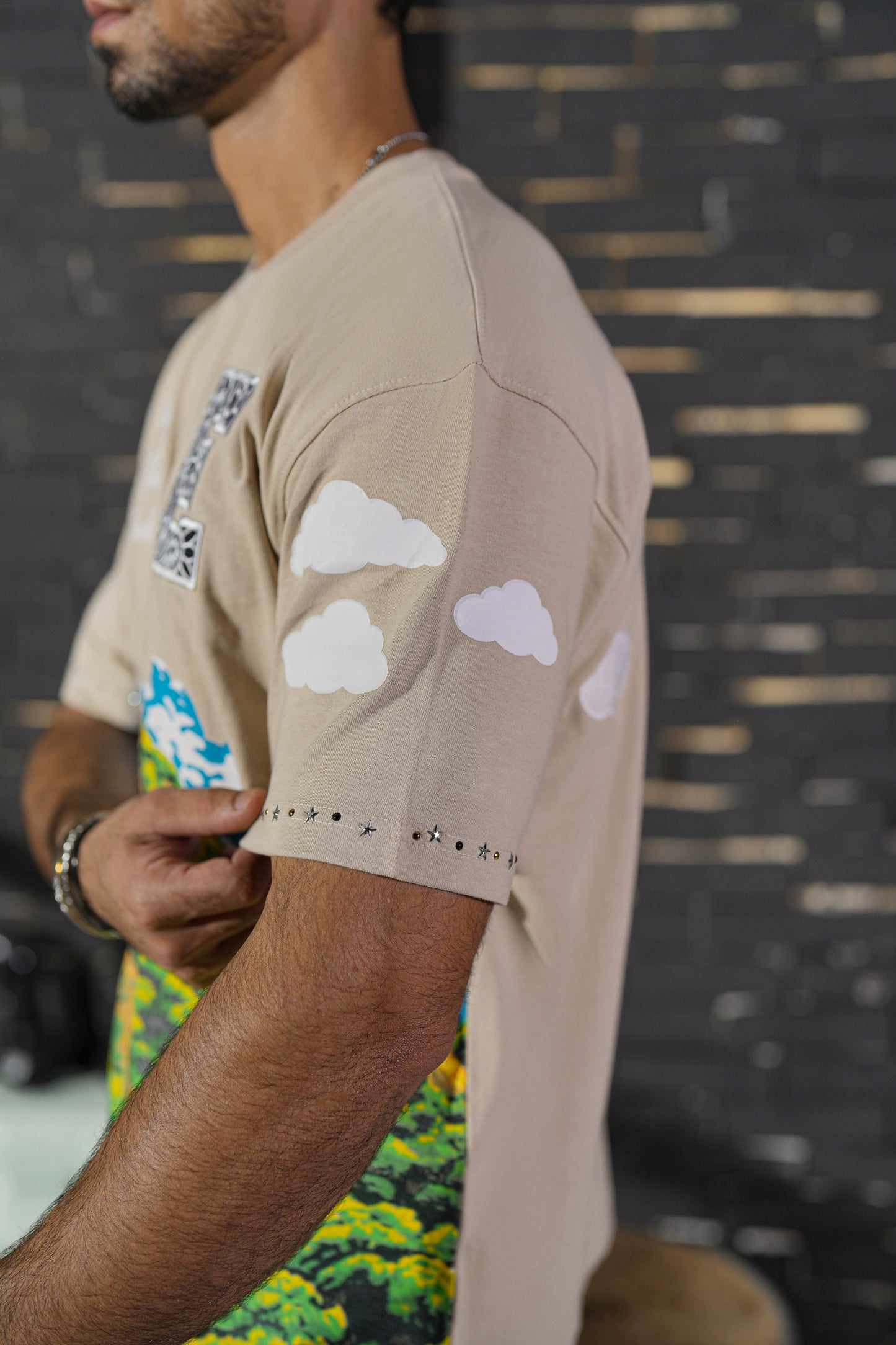 Clouds Premium Embellished Mens Tee Cream