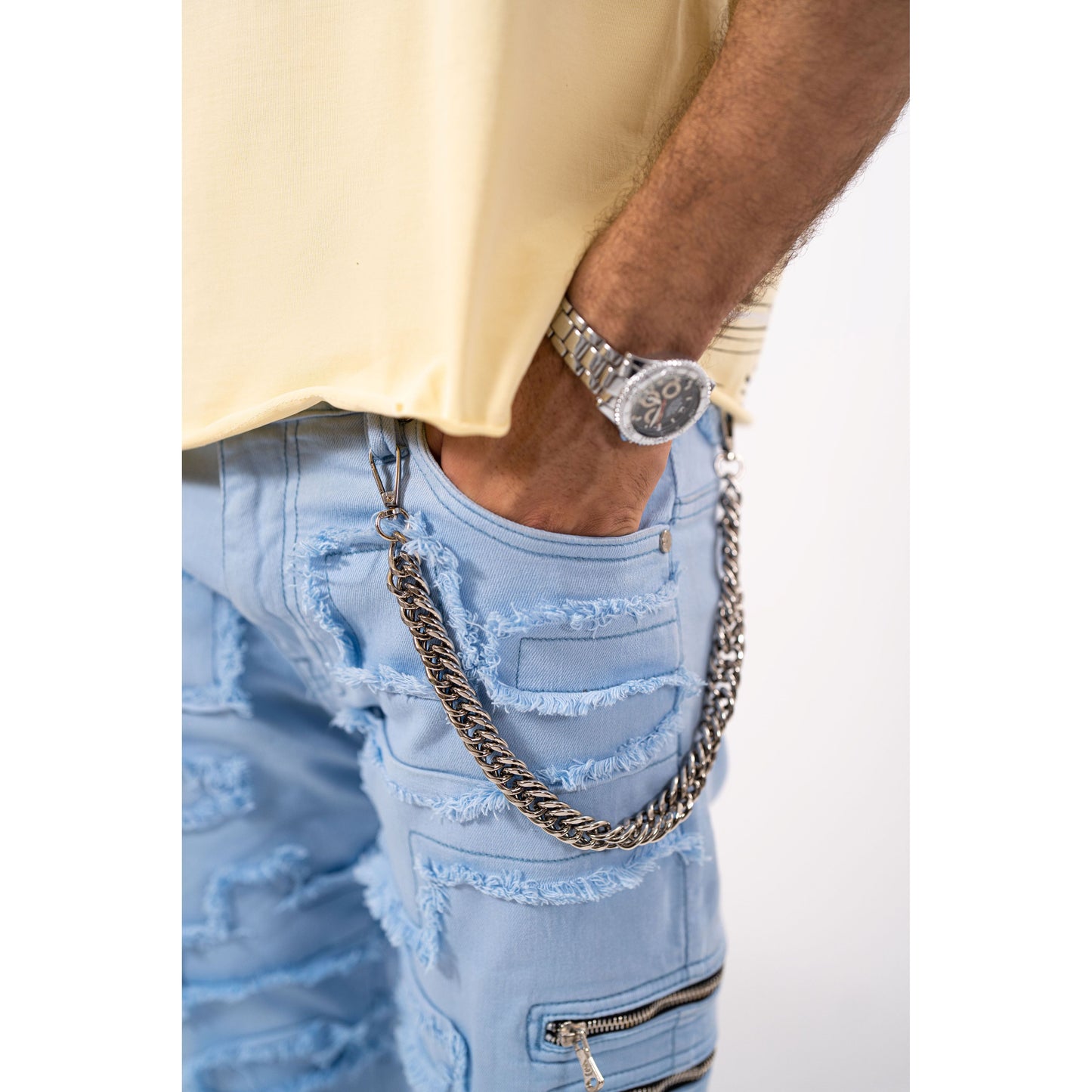 6Zipper Premium Mens Stacked Jeans + Wallet Chain