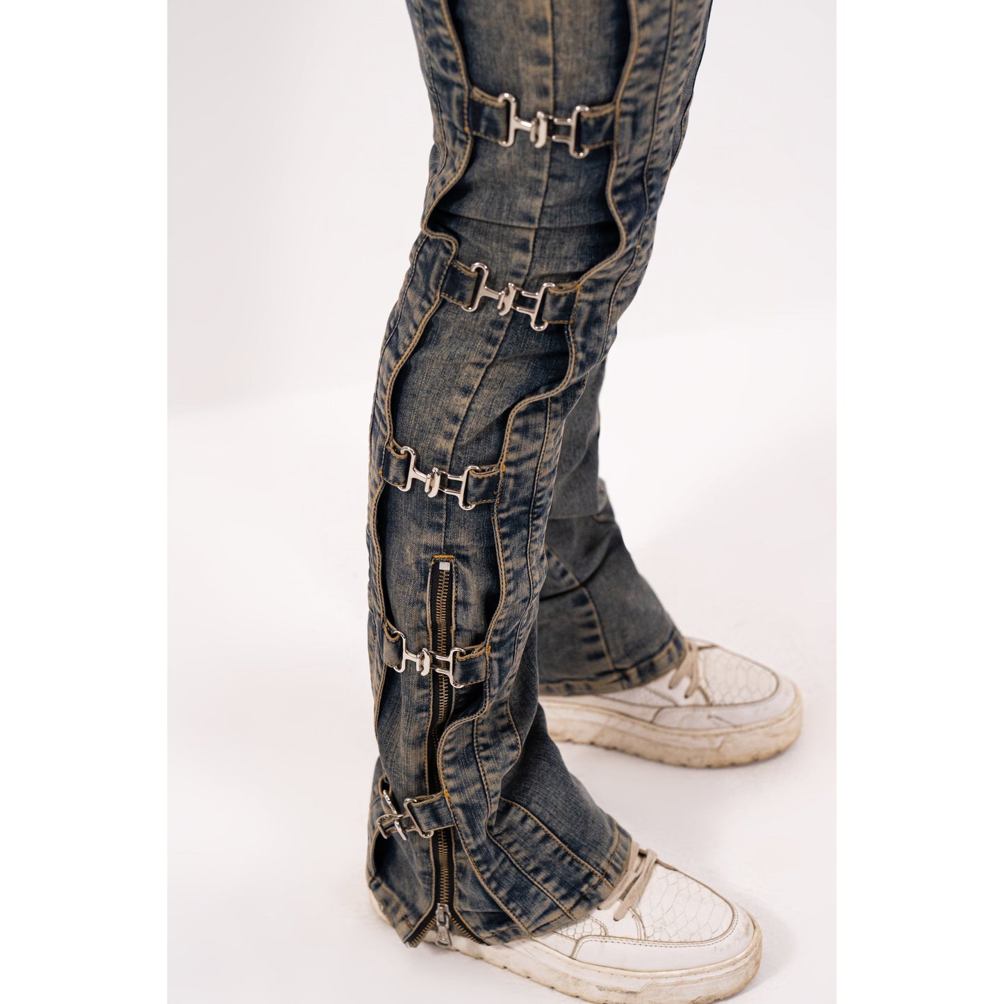 Vintage Buckle Premium Mens Stacked Jeans + Wallet Chain