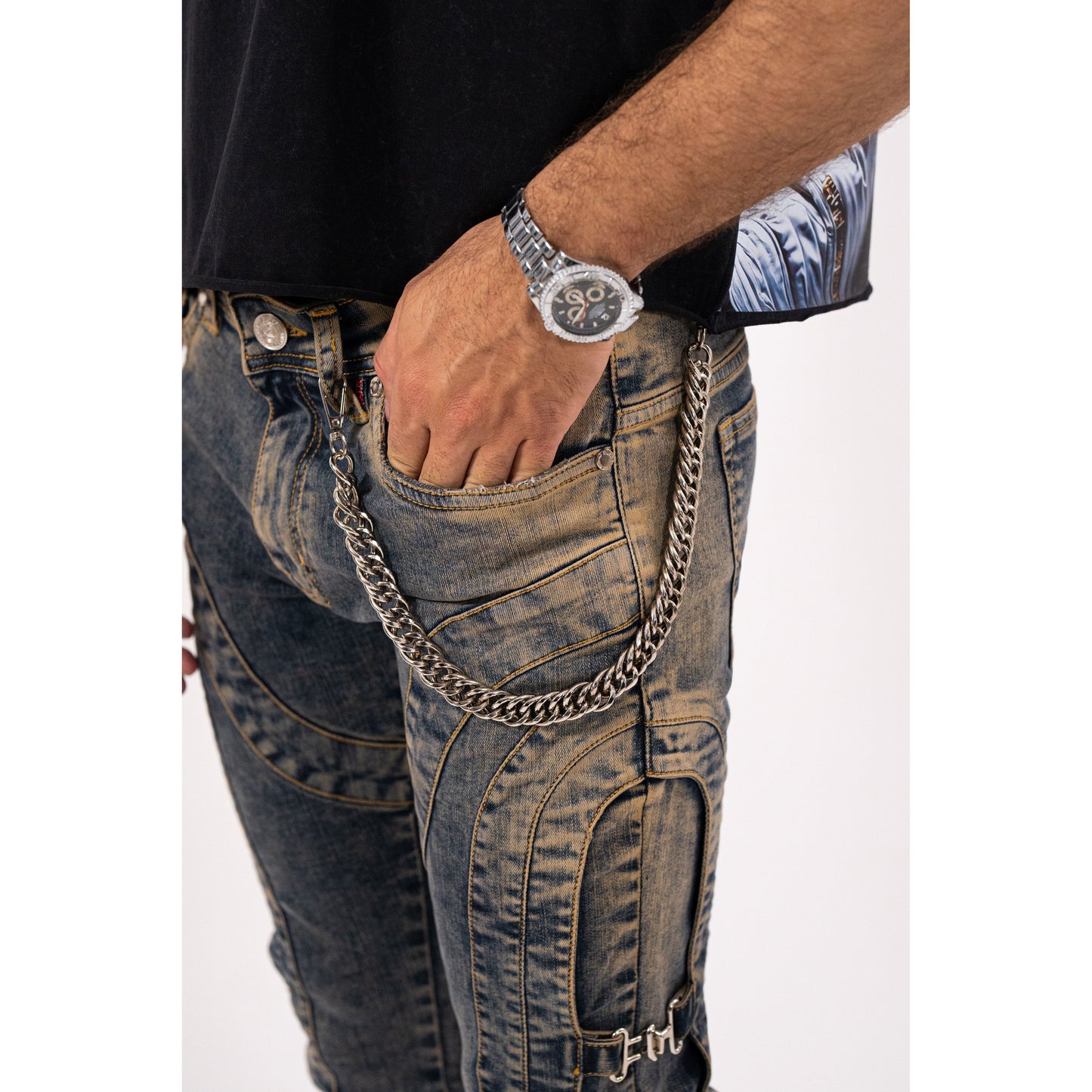 Vintage Buckle Premium Mens Stacked Jeans + Wallet Chain