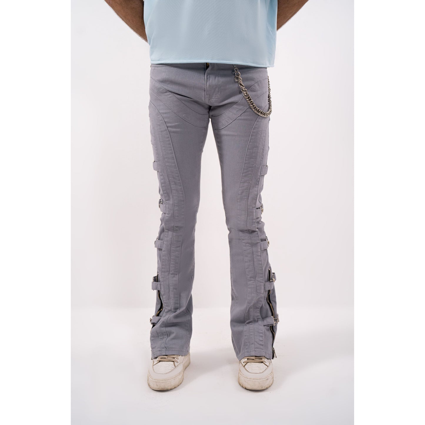 Grey Buckle Premium Mens Stacked Jeans + Wallet Chain