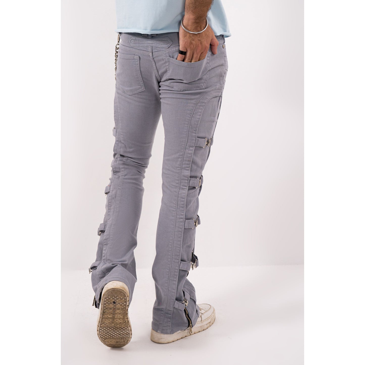 Grey Buckle Premium Mens Stacked Jeans + Wallet Chain