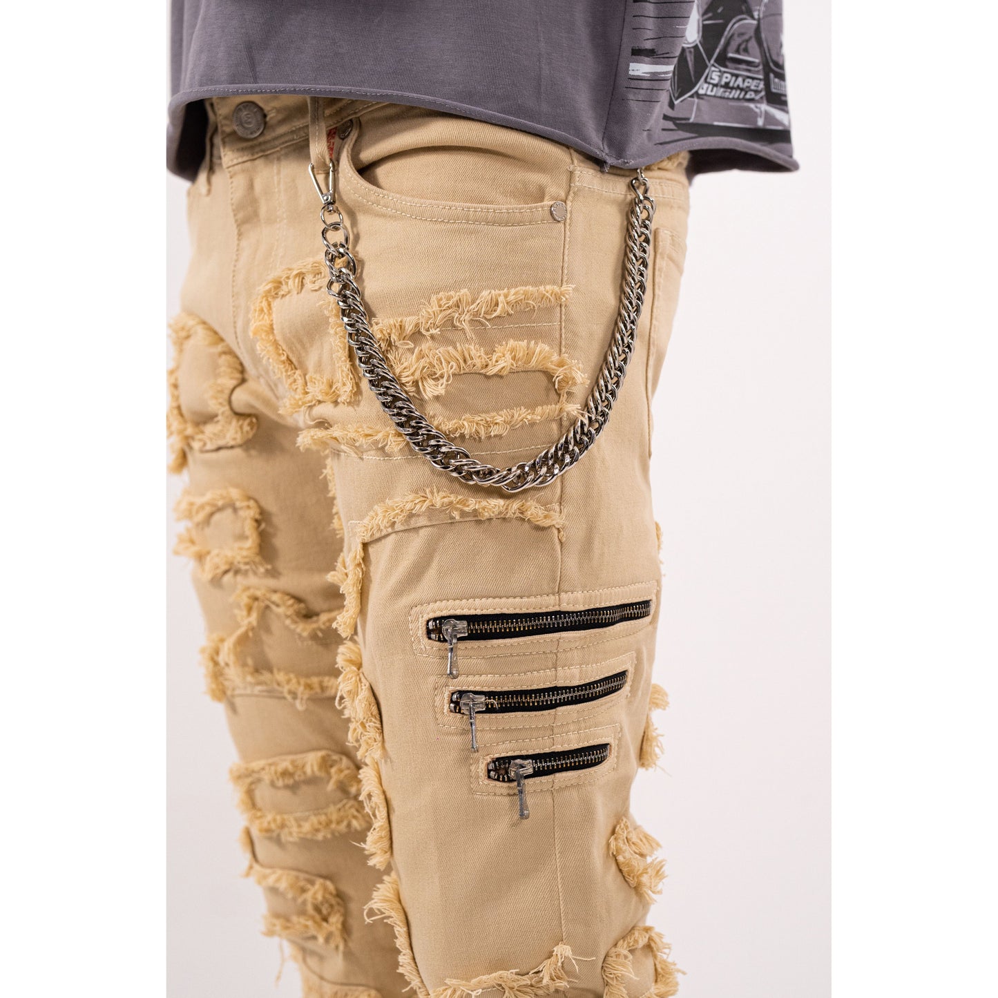 6Zipper Premium Mens Stacked Jeans + Wallet Chain