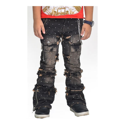 Taupe/Black Rhinestone Premium Kids Stacked Jeans