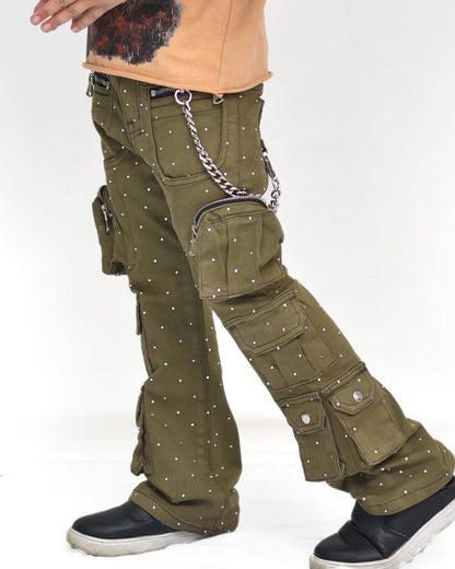 Olive Rhinestone Premium Kids Stacked Jeans