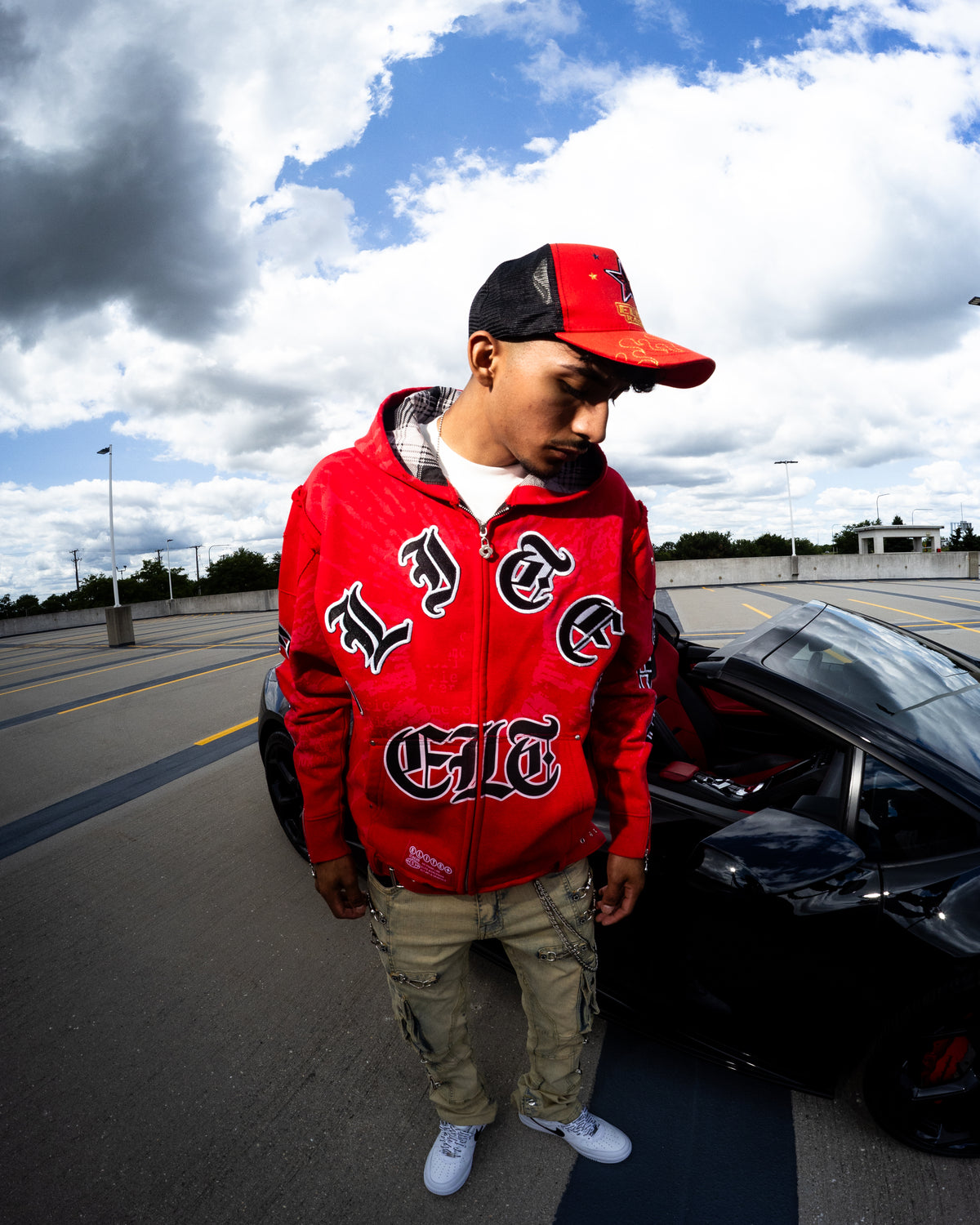 All Details Belted Red Premium Mens Zip Up Hoodie