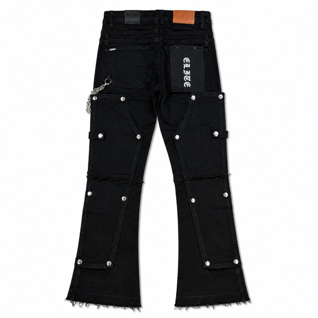 Padded Black OD Denim Men's Flare Jeans + Chain